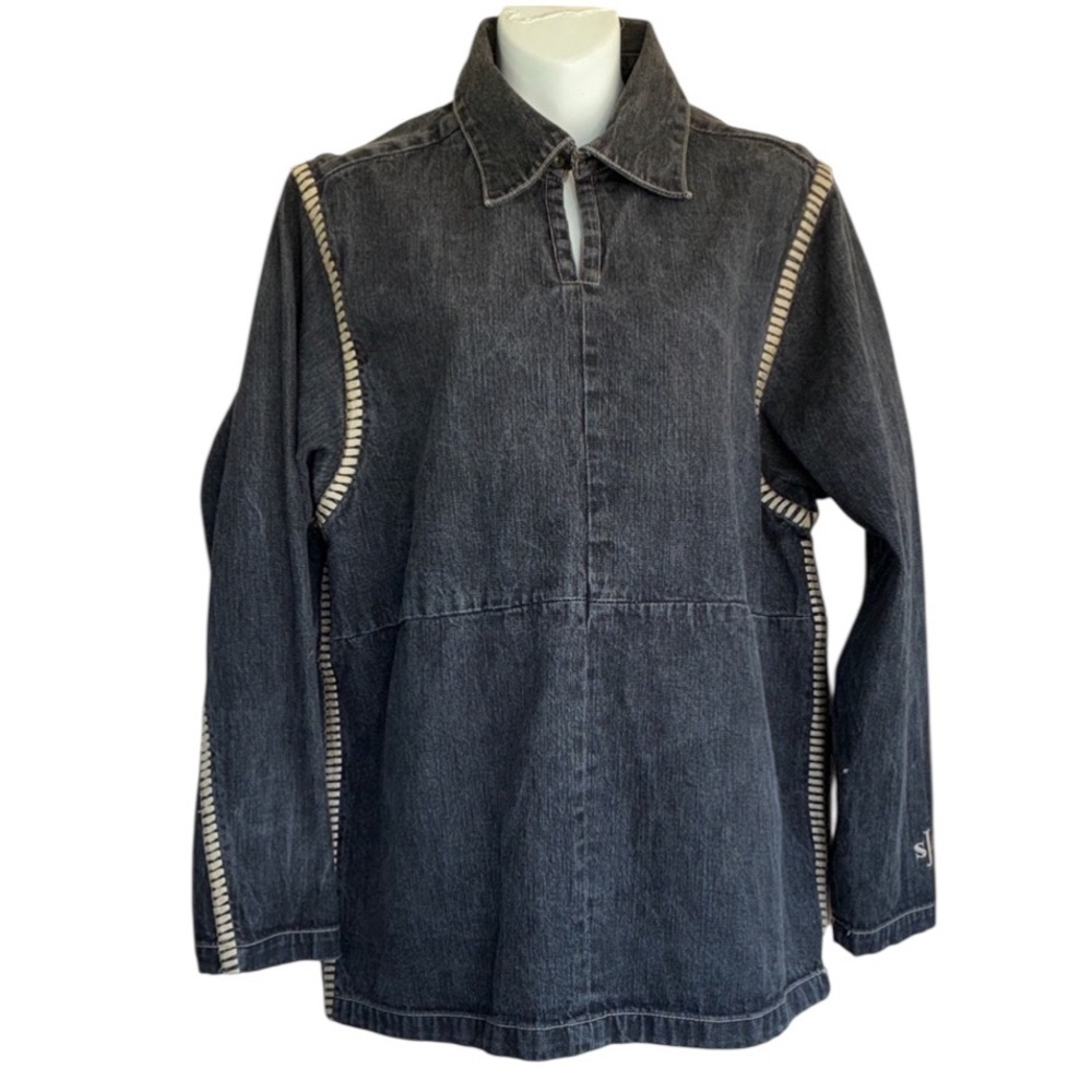 SEAN JOHN Denim Shirt, Long Sleeve Extensive Tan Topstitching. Black grey L
